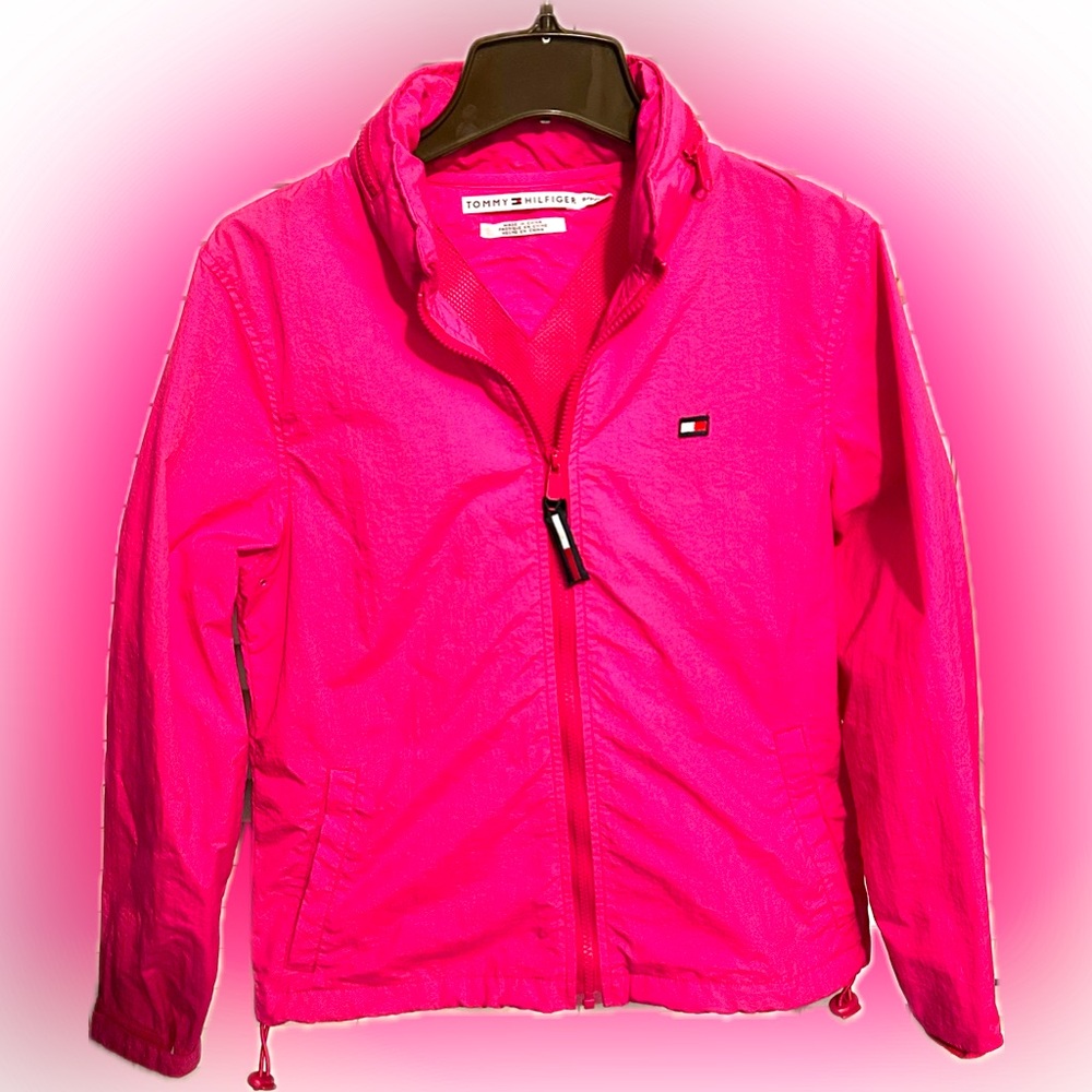 VTG Y2K Tommy Hilfiger Hot Pink WindBreaker Coat Zip Pocket Hood Women’s Sz S
